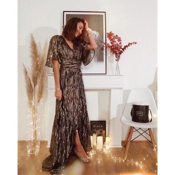 Ba&sh Dress Nixon Metallic Crossover-Neck Tie Maxi Party Black Gold XS GUC - Picture 11 of 12